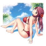  arm_support bare_legs bare_shoulders barefoot bikini blush breasts cloud day flower hair_flower hair_ornament head_tilt hibiscus kichiroku large_breasts long_hair looking_at_viewer looking_back orange_eyes original palm_tree plaid plaid_bikini red_hair shadow sideboob sky solo strap_gap swimsuit tree 