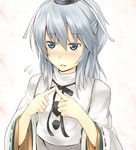  bad_id bad_pixiv_id blue_eyes blush fidgeting fingers_together grey_hair hat japanese_clothes kariginu long_hair mononobe_no_futo ribbon roten_(rotenburo) silver_hair solo touhou upper_body 