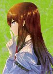  arm_belt bangs belt brown_hair eyelashes finger_to_mouth from_side green_background hand_up huke index_finger_raised long_hair long_sleeves looking_at_viewer makise_kurisu necktie off_shoulder official_art parted_lips profile purple_eyes red_neckwear shushing sideways_glance solo steins;gate upper_body 