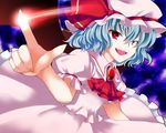  bat_wings blue_hair brooch dress fang hat highres jewelry open_mouth red_eyes remilia_scarlet short_hair smile solo sugita touhou wings 