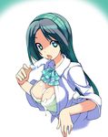  bra breasts cleavage female green_eyes green_hair long_hair open_clothes open_mouth open_shirt original papico popsicle school_uniform sexually_suggestive shirt solo tongue underwear 