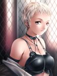  armband bad_id bad_pixiv_id bare_shoulders black_eyes breasts cleavage earphones fence jewelry key medium_breasts necklace original rezi short_hair solo upper_body white_hair 