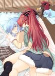  ass bed bird blue_eyes blue_hair blush bow closed_eyes clothes_removed condom frottage hair_bow long_hair mahou_shoujo_madoka_magica miki_sayaka multiple_girls penguin pikachi pillow pussy_juice red_hair sakura_kyouko school_uniform short_hair shorts skirt stuffed_animal stuffed_toy yuri 