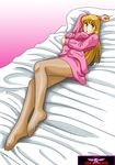  akimoto_katherine_reiko bed blonde_hair breast_hold breasts ero_shocker feet kochikame large_breasts legs long_hair looking_at_viewer lying nail_polish open_mouth pantyhose simple_background skirt solo thighs toes uniform yellow_eyes 