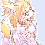  2018 anthro blonde_hair blush breasts butt canine caninu clothed clothing crossed_arms dog eyelashes eyewear female fur glasses green_eyes hair looking_at_viewer mammal merveille_million nipple_bulge pants pink_fur raised_tail shirt simple_background smile solatorobo solo summer_(artist) tight_clothing video_games 