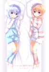  2girls :d amedamacon bangs barefoot bed_sheet bloomers blue_bloomers blue_eyes blue_hair blush chestnut_mouth commentary_request dakimakura eyebrows_visible_through_hair fingernails gochuumon_wa_usagi_desu_ka? hair_between_eyes hair_ornament highres hood hood_down hooded_jacket hoto_cocoa jacket kafuu_chino leg_warmers light_brown_hair long_sleeves looking_at_viewer lying multiple_girls on_side open_clothes open_jacket open_mouth parted_lips pillow purple_eyes sleeves_past_wrists smile striped_jacket translation_request underwear white_bloomers white_jacket x_hair_ornament 