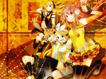  3girls blonde_hair blue_eyes buzz candy detached_sleeves food headphones kagamine_len kagamine_len_(append) kagamine_rin kagamine_rin_(append) lily_(vocaloid) lollipop multiple_girls nanase_kanon navel pink_hair red_eyes skirt thighhighs vocaloid vocaloid_append 