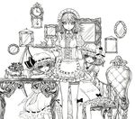  apron bat_wings bottle bow braid chair clock corset cup eyelashes flandre_scarlet flower frills gathers hair_ribbon hat holding_hands izayoi_sakuya maid maid_headdress mirror monochrome multiple_girls perfume_bottle remilia_scarlet ribbon short_hair simple_background table takatora tea_set teacup teapot thigh_strap touhou tray twin_braids wings wrist_cuffs 