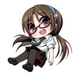  :d bad_id bad_pixiv_id black_legwear blue_eyes blush brown_hair chibi evangelion:_2.0_you_can_(not)_advance french_maid full_body glasses hairband loafers long_hair lowres makinami_mari_illustrious necktie neon_genesis_evangelion open_mouth pantyhose plaid plaid_skirt rebuild_of_evangelion red-framed_eyewear school_uniform shoes simple_background skirt smile solo twintails 