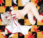  6kusa all_fours animal_ears boots breasts chain checkered checkered_background collar detached_sleeves inubashiri_momiji medium_breasts nipples nude open_mouth red_eyes short_hair silver_hair solo tail touhou wolf_ears wolf_tail 