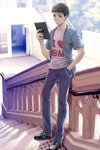  bad_id bad_pixiv_id black_hair brown_eyes casual chain copyright_request denim hand_in_pocket highres ipad jeans looking_at_viewer male_focus misakamitoko0903 pants shoes solo stairs tablet_pc 