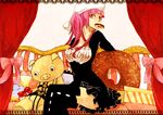  bleach boots breasts couch crandom curtains dokugamine_riruka doughnut food hat long_hair medium_breasts mouth_hold pink_eyes pink_hair solo stuffed_animal stuffed_pig stuffed_toy thigh_boots thighhighs twintails 
