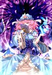  archienemy arm_ribbon blue_dress bug butterfly cherry_blossoms covering_face dress fan hat insect long_hair one_eye_closed petals pink_eyes pink_hair ribbon saigyouji_yuyuko solo touhou tree 