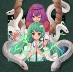  bad_id bad_pixiv_id detached_sleeves frame green_eyes green_hair hair_ornament hand_on_shoulder hands_together kochiya_sanae long_hair looking_at_viewer mamepon multiple_girls one_eye_closed own_hands_together purple_hair red_eyes rope serious shimenawa short_hair smile snake touhou yasaka_kanako 