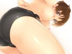  ass black_panties blush breasts brown_eyes brown_hair cameltoe from_below highres hirasawa_ui k-on! looking_down medium_breasts nipples nozomi-y one-piece_swimsuit panties perspective simple_background solo swimsuit topless underwear undressing white_background 