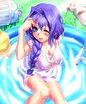  :p ;d blue_hair blush braid breasts cat cleavage hair_intakes hose kanon large_breasts mature minase_akiko oekaki one_eye_closed open_mouth partially_submerged piro purple_hair see-through shirt sitting smile solo tongue tongue_out wading_pool water wet wet_clothes wet_shirt zen 