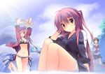  2girls bikini brown_eyes casual fish futaki_kanata jacket kuwashima_rein little_busters! long_hair multiple_girls naoe_riki one_eye_closed purple_eyes purple_hair rock saigusa_haruka side_ponytail striped striped_bikini striped_swimsuit swimsuit yellow_eyes 