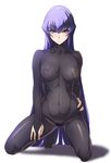  bodysuit breasts cleavage hand_on_hip highres kneeling koubuin_yuuhi large_breasts long_hair looking_at_viewer muvluv nipples pubic_hair purple_hair pussy see-through shino_(comic_penguin_club) skin_tight smile solo squatting very_long_hair white_background 