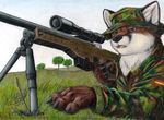  blue_eyes camo canine claws fox german_flag grass gun hat kalahari l96 male mammal paws ranged_weapon sniper sniper_rifle solo tree weapon wood 