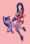  book cutie_mark dual_persona leggings long_hair multicolored_hair my_little_pony my_little_pony_friendship_is_magic personification pink_background purple_eyes purple_hair quill shoes sneakers streaked_hair sweater twilight_sparkle wong_ying_chee 