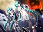  ahoge alternate_costume aqua_eyes aqua_hair bare_shoulders blurry building chain-link_fence choker damaged dress dual_persona dutch_angle fence fireflies hatsune_miku long_hair multiple_girls night open_mouth planet standing twintails very_long_hair vocaloid yuzuki_kei 