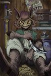  belt big_ears big_eyes book boots brown_hair chest dagger ears fangs gloves gold_eyes no_humans pointy_ears poster sword tail thief treasure vase wanted_poster weapon yellow_eyes 