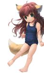  :&lt; aimme_renard animal_ears barefoot brown_hair feet fox_ears green_eyes highres long_hair ohiensis one-piece_swimsuit original school_swimsuit solo swimsuit tail 