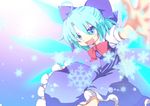  bad_id bad_pixiv_id blue_eyes blue_hair cicin cirno fang hair_ribbon ribbon snowflakes solo touhou wings 