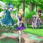  alice_margatroid bad_id bad_pixiv_id bench black_hair blonde_hair blue_eyes blue_hair cirno crescent detached_sleeves dress eno_(whiskeyne) grass hairband hakurei_reimu hands_on_hips hat hat_removed headwear_removed leaning_forward moriya_suwako multiple_girls nature park_bench patchouli_knowledge purple_hair pyonta sitting thighhighs touhou tree white_legwear wings zettai_ryouiki 