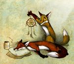  brown_eyes canine culpeofox dreamcatcher duo english_text feral fox jar mammal pillow sleeping tail text 