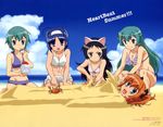  absurdres ahoge animal_ears beach bikini black_hair blue_eyes blue_hair bow breasts brown_hair buried cleavage cloud crab day flat_chest frilled_bikini frills front-tie_top green_eyes green_hair hair_bow hairband hazuki_kurumi highres kaitou_tenshi_twin_angel kannazuki_aoi komatsubara_sei long_hair medium_breasts minazuki_haruka_(twin_angel) multiple_girls nine_violet non-web_source ocean official_art open_mouth outdoors purple_eyes scan shaved_ice short_hair side-tie_bikini sky swimsuit tesla_violet twin_angel twintails water 