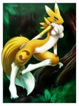  black_sclera blue_eyes breasts canine digimon digitigrade facial_markings female fox markings nancher naturally_censored neck_ruff renamon solo tail tree white wood yellow 