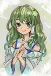  ama-tou detached_sleeves face frog green_eyes green_hair hair_ornament hands_together kochiya_sanae long_hair own_hands_together smile snake solo touhou upper_body 