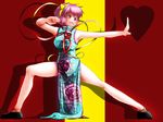  bad_id bad_pixiv_id breasts china_dress chinese_clothes dress fighting_stance floral_print flower frown hairband heart ikkei_dou komeiji_satori large_breasts no_socks older pink_eyes pink_hair rose short_hair solo third_eye touhou 