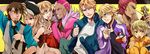  6+boys antonio_lopez aqua_eyes bad_id bad_pixiv_id bare_shoulders barnaby_brooks_jr beef blonde_hair blue_jacket bomber_jacket brown_eyes brown_hair bruce_lee's_jumpsuit chopsticks dark_skin detached_sleeves doroli earrings facial_hair glasses green_eyes highres huang_baoling ivan_karelin jacket jewelry kaburagi_t_kotetsu karina_lyle keith_goodman letterman_jacket multiple_boys multiple_girls nail_polish nathan_seymour necktie one_eye_closed pink_eyes pink_hair purple_jacket rice short_hair stubble tiger_&amp;_bunny tongs v-neck vest waistcoat 