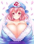  :o bare_shoulders blush body_blush breast_suppress breasts cleavage collarbone dress gigantic_breasts hat japanese_clothes kimono looking_at_viewer obi off_shoulder parted_lips petals pink_eyes pink_hair saigyouji_yuyuko sash shiny shiny_skin short_hair simple_background solo touhou triangular_headpiece veil white_background yuguran_(specs) 
