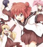  akaza_akari aqua_eyes blonde_hair bow dress funami_yui hair_bow long_hair long_sleeves maruki_(punchiki) multiple_girls nanamori_school_uniform open_mouth outstretched_arms pink_hair purple_eyes purple_hair red_hair sailor_dress school_uniform serafuku short_hair short_over_long_sleeves short_sleeves toshinou_kyouko twintails yoshikawa_chinatsu yuru_yuri 