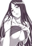  blush breasts jewelry large_breasts lips long_hair mole mole_under_mouth monochrome nail_polish naruko_hanaharu necklace original shirt_lift sketch solo underboob 