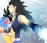  black_hair blue_hair blush fairy_tail feathers flower gajeel_redfox green_eyes headband levy_mcgarden long_hair lowres piercing red_eyes sword weapon 