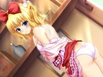  akamaru aqua_eyes ass blonde_hair blush bow bra dressing dutch_angle from_behind frown fuwari_complex game_cg hair_bow highres indoors lingerie looking_at_viewer looking_back maeda_kate panties solo underwear undressing white_panties 