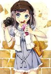  absurdres bad_id bad_yandere_id bag black_hair blue_eyes cabbie_hat camera crepe dress eating food hair_ornament hairclip hat hentai_ouji_to_warawanai_neko. highres kantoku polka_dot solo tsutsukakushi_tsukiko 