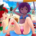  afterimage bikini commentary_request crocs crotch food heart houman ice_cream innertube kaenbyou_rin komeiji_koishi komeiji_satori multiple_girls ocean one-piece_swimsuit pink_hair red_eyes red_hair reiuji_utsuho sitting swimsuit third_eye touhou umbrella waving_arms 