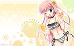  azuma_yoru bikini blue_eyes breasts cleavage food fruit hatsuyuki_sakura highres holding holding_food holding_fruit long_hair medium_breasts moribe_(rabumanyo) one_eye_closed orange pink_hair solo swimsuit wallpaper 