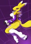  2011 arm_gloves black_sclera blue_eyes breasts canine claws digimon digitigrade facial_markings female fox gloves grid markings nancher naturally_censored purple_background renamon side_boob solo tail yellow 