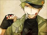  1boy blood flippy gloves gold_eyes green_hair happy_tree_friends hat military military_hat military_uniform short_hair smile solo uniform yellow_eyes 