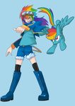  black_legwear blue blue_background boots denim denim_shorts goggles goggles_on_head jacket long_hair multicolored multicolored_hair multicolored_tail my_little_pony my_little_pony_friendship_is_magic open_mouth pegasus personification rainbow_dash rainbow_hair red_eyes shorts tail thigh_boots thighhighs wong_ying_chee 