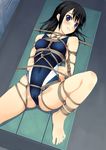  arms_behind_back bangs bare_legs barefoot bdsm black_hair blue_eyes blush bondage bound box_tie breasts cameltoe clenched_teeth competition_swimsuit covered_nipples f-ism feet highres lying medium_breasts murakami_suigun navel on_back one-piece_swimsuit original restrained shibari solo spread_legs swimsuit tears teeth toes 