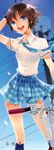  :d antenna_hair arm_behind_head bad_id bad_pixiv_id bangs basket bicycle bicycle_basket blue_eyes blue_legwear blue_skirt blue_sky brown_hair buttons collared_shirt day dress_shirt from_below ground_vehicle highres idolmaster idolmaster_(classic) joypyonn kikuchi_makoto kneehighs lens_flare looking_at_viewer necktie open_mouth outdoors petals plaid plaid_neckwear plaid_skirt pleated_skirt power_lines rough_time_school school_uniform shirt short_hair short_sleeves skirt sky smile solo standing sunlight telephone_pole white_shirt wing_collar 