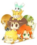  4boys anise_tatlin blonde_hair brown_eyes brown_hair chibi closed_eyes glasses gloves green_eyes green_hair guy_cecil hair_tubes ion jade_curtiss long_hair luke_fon_fabre mieu multiple_boys ninjin_(charat7) open_mouth red_eyes staff tales_of_(series) tales_of_the_abyss tokunaga twintails 