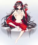  ahoge bandages barefoot black_hair blush breasts character_request chibi choker copyright_request covering covering_breasts cross hairband long_hair medium_breasts multiple_arms navel r/k red_eyes sitting smile solo topless very_long_hair 